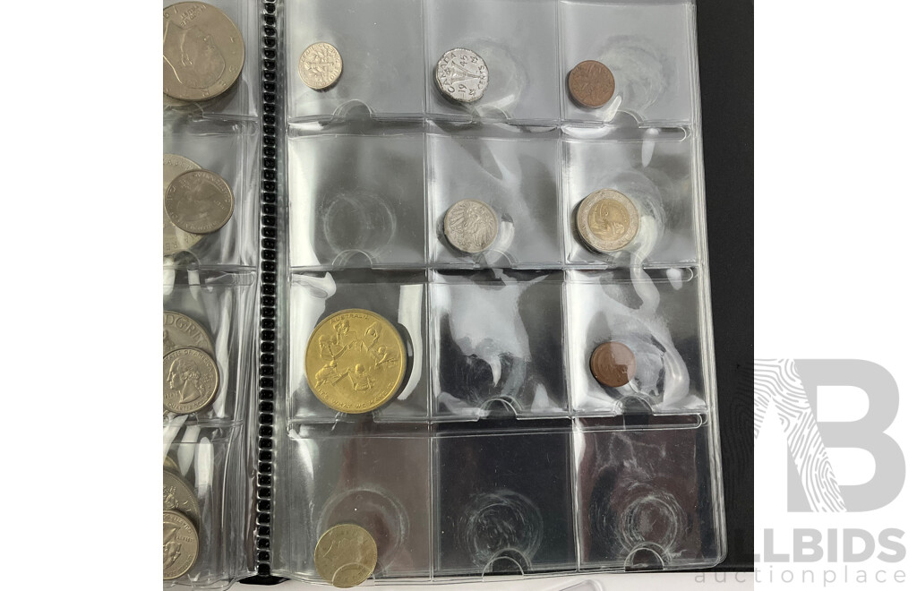 Collection of International Coins Including United Kingdom Commemorative One and Two Pound, Fifty Pence, Crowns, USA, Egypt