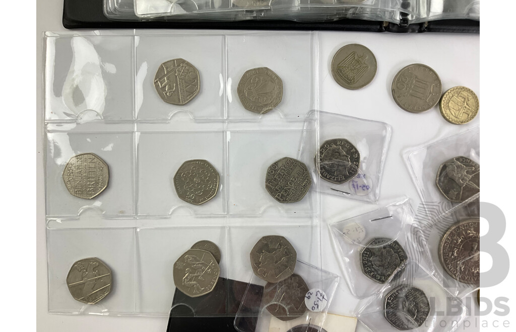 Collection of International Coins Including United Kingdom Commemorative One and Two Pound, Fifty Pence, Crowns, USA, Egypt