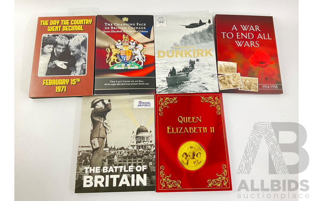 Six United Kingdom Commemorative Coin Folders Including Miracle of Dunkirk with Twenty Pound Coin, War to End All Wars, Battle of Britain, QE2, Changing Face of British Coinage, the Day the Country Went Decimal