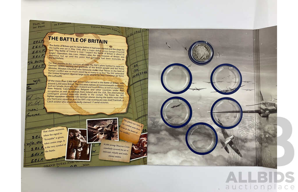 Six United Kingdom Commemorative Coin Folders Including Miracle of Dunkirk with Twenty Pound Coin, War to End All Wars, Battle of Britain, QE2, Changing Face of British Coinage, the Day the Country Went Decimal