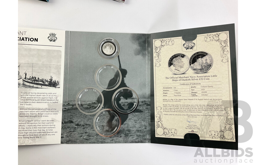 Six United Kingdom Commemorative Coin Folders Including Miracle of Dunkirk with Twenty Pound Coin, War to End All Wars, Battle of Britain, QE2, Changing Face of British Coinage, the Day the Country Went Decimal