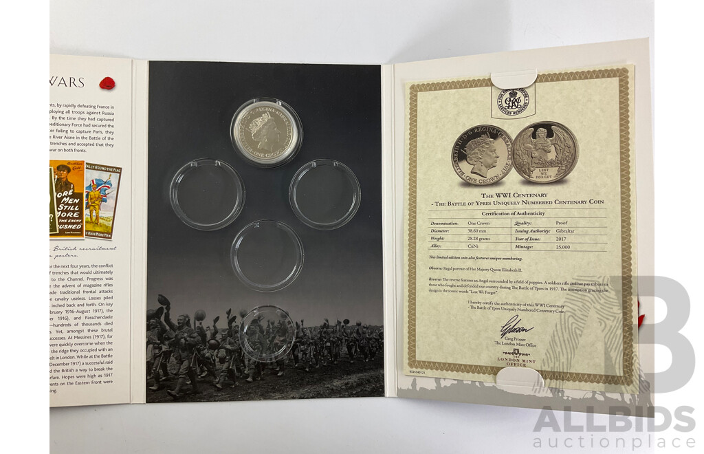 Six United Kingdom Commemorative Coin Folders Including Miracle of Dunkirk with Twenty Pound Coin, War to End All Wars, Battle of Britain, QE2, Changing Face of British Coinage, the Day the Country Went Decimal