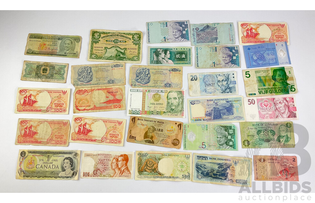 Collection of Vintage International Banknotes Including 1971 Gibraltar and 1981 Scotland One Pound, Indonesia, Peru, Barbados and More