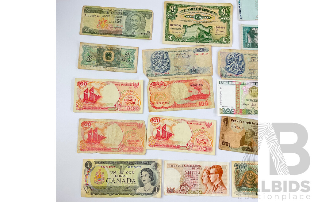 Collection of Vintage International Banknotes Including 1971 Gibraltar and 1981 Scotland One Pound, Indonesia, Peru, Barbados and More