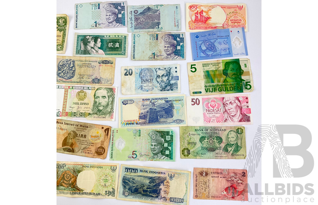 Collection of Vintage International Banknotes Including 1971 Gibraltar and 1981 Scotland One Pound, Indonesia, Peru, Barbados and More