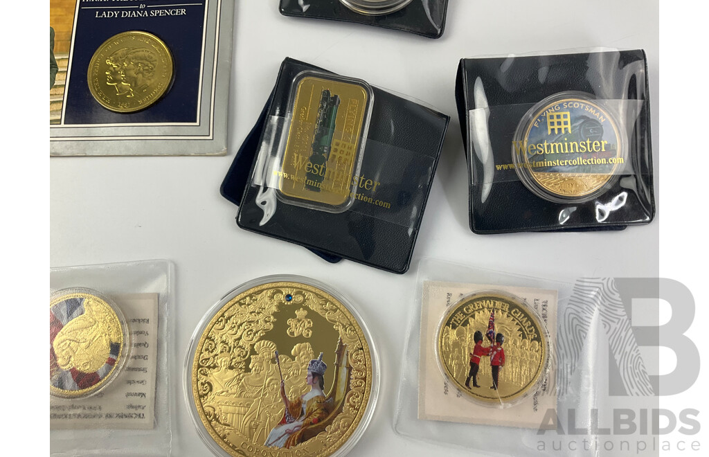 Collection of Commonwealth Coins and Medallions Including 2018 Commemorative Beatrix Potter, Paddington Bear Fifty Pence, 1981 Charles and Diana Crown, 2019 Bailiwick of Guernsey Five Pound Flying Scotsman and More