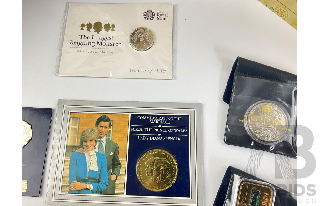 Collection of Commonwealth Coins and Medallions Including 2018 Commemorative Beatrix Potter, Paddington Bear Fifty Pence, 1981 Charles and Diana Crown, 2019 Bailiwick of Guernsey Five Pound Flying Scotsman and More