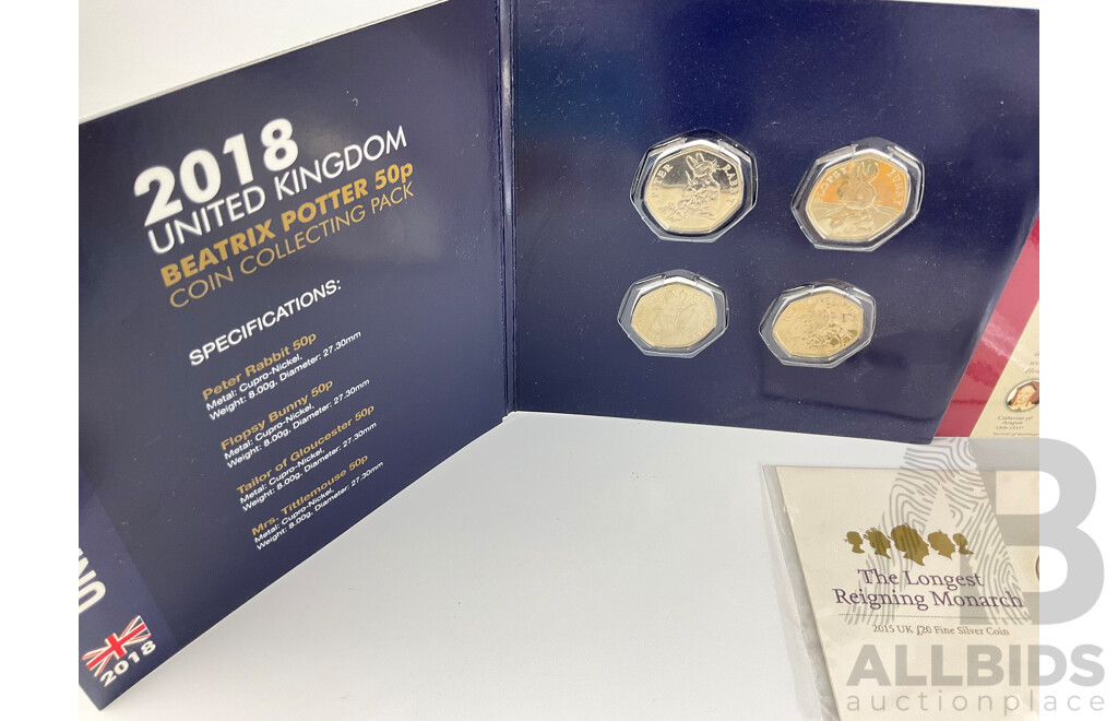 Collection of Commonwealth Coins and Medallions Including 2018 Commemorative Beatrix Potter, Paddington Bear Fifty Pence, 1981 Charles and Diana Crown, 2019 Bailiwick of Guernsey Five Pound Flying Scotsman and More