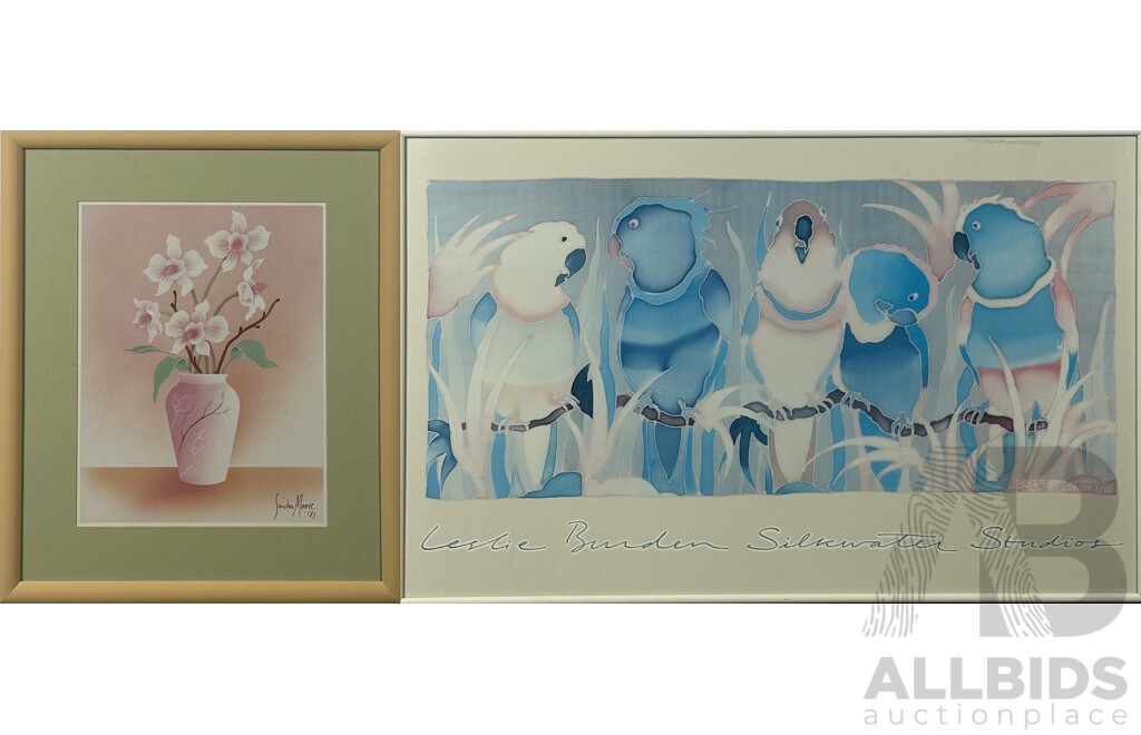 Leslie Burden, (20th Century), Silverwater Studios Parrots and Sandra Moore, (20th Century), Pink Flowers in Vase, Both Colour Prints of Original Works, 59 x 92 cm (largest) (2)