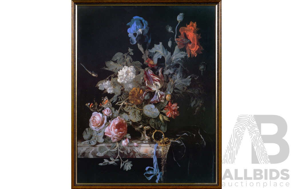 Willem Van Aelst, (Dutch, 1625-1683), Flowers in a Silver Vase (1663), Reproduction Colour Print of Original Oil, 74 x 59 cm (frame)