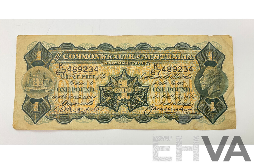 Australian one pound note.1927 R26, K67489234, Riddle Heathershaw