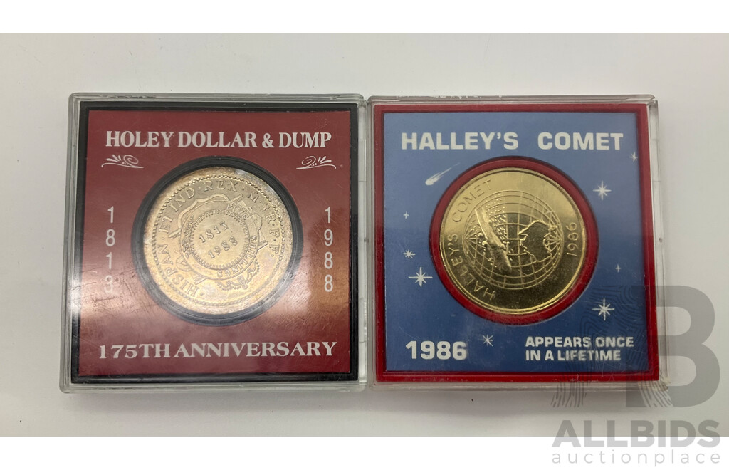 Australian 1986 Halley's Comet and 1988 Holey Dollar Medallions.