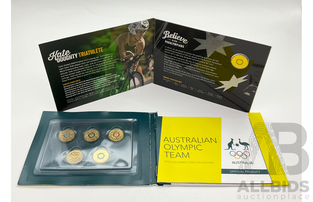 Australian 2016 RAM Olympic Five Coloured $2 Set, & 2016 Para Olympics $2 Coin