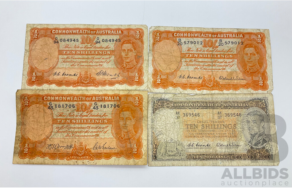 Four Australian Ten Shilling Notes.