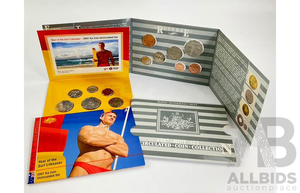 Australian 2007 Year of Surf Life Saver 6 Coin Set, 1987 RAM 7 Coin Mint Set. 