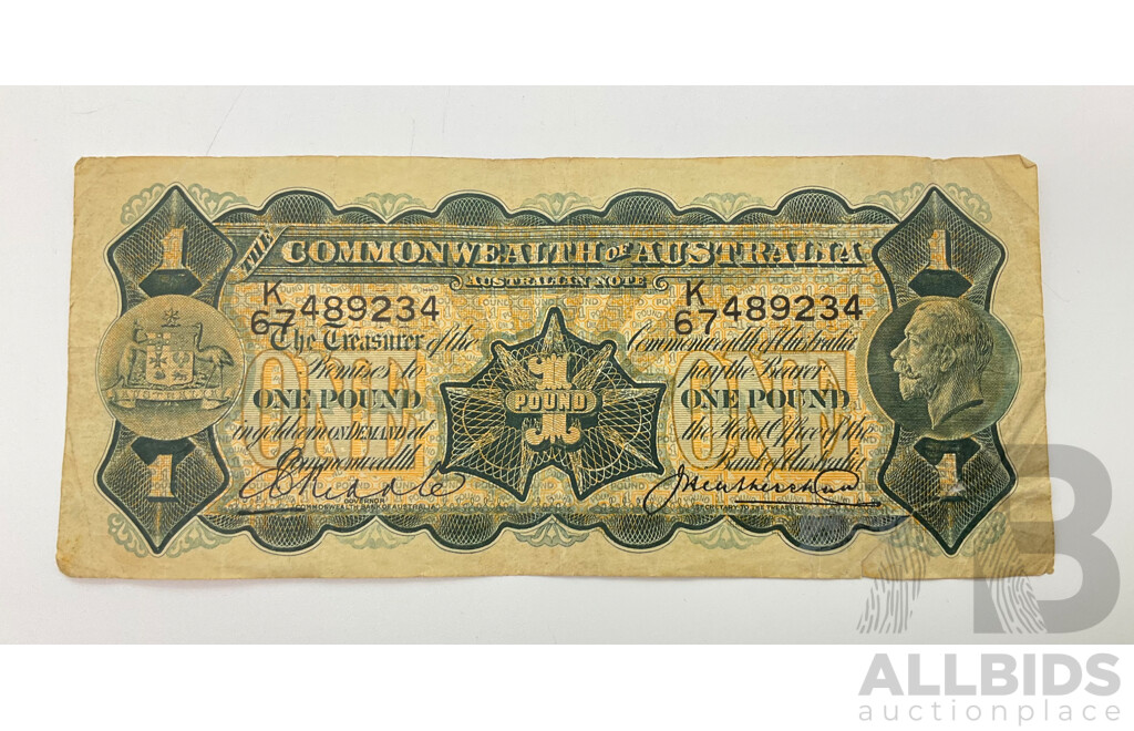 Australian one pound note.1927 R26, K67489234, Riddle Heathershaw