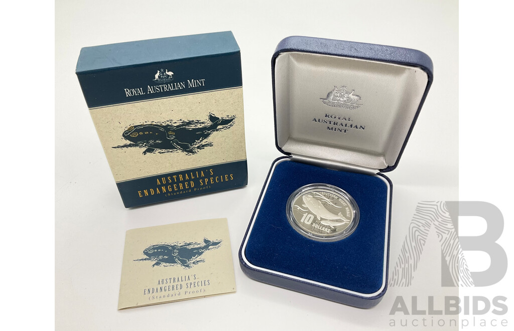 Australian 1996 Silver $10 Proof Coin, Australia's Endangered Species, Southern Right Whale