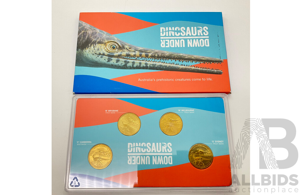 Australian 2022 Dinosaures Down Under, Set of 4 Mint Marked $1 Coins.