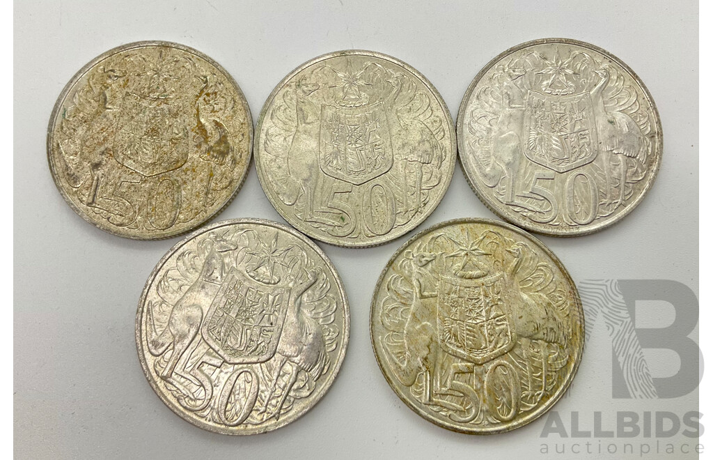 Five Australian 1966 Round Silver 50c Coins.