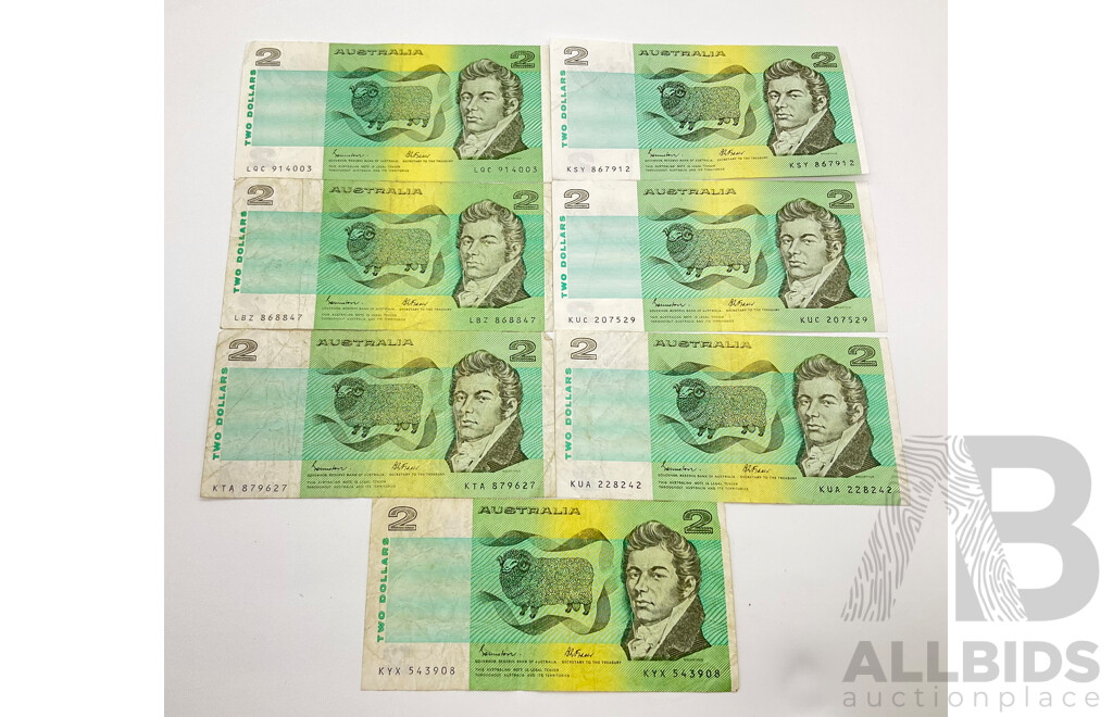 Seven Australian 1985 Johnston Fraser R89 $2 Notes.