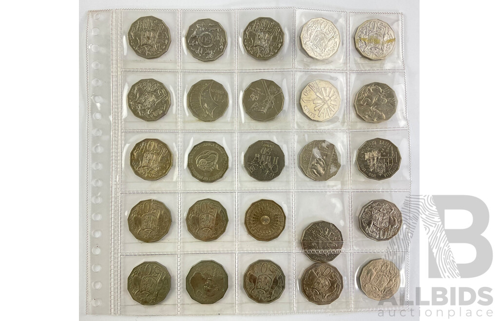 Twenty Five Australian UNC Fifty Cent Coins, Spanning Years 1969-2008