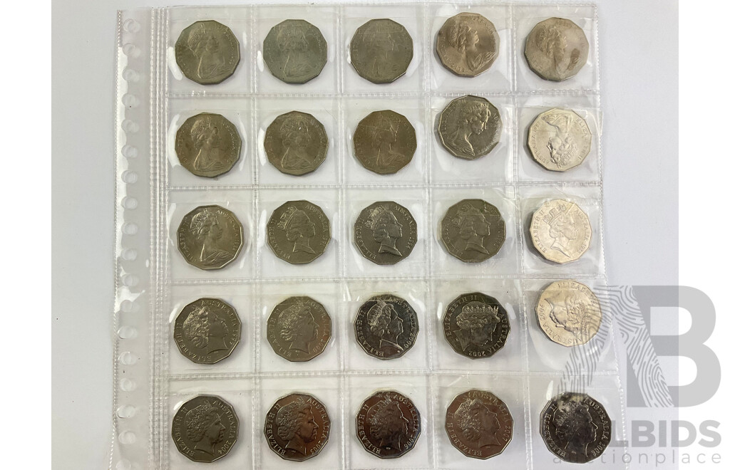 Twenty Five Australian UNC Fifty Cent Coins, Spanning Years 1969-2008