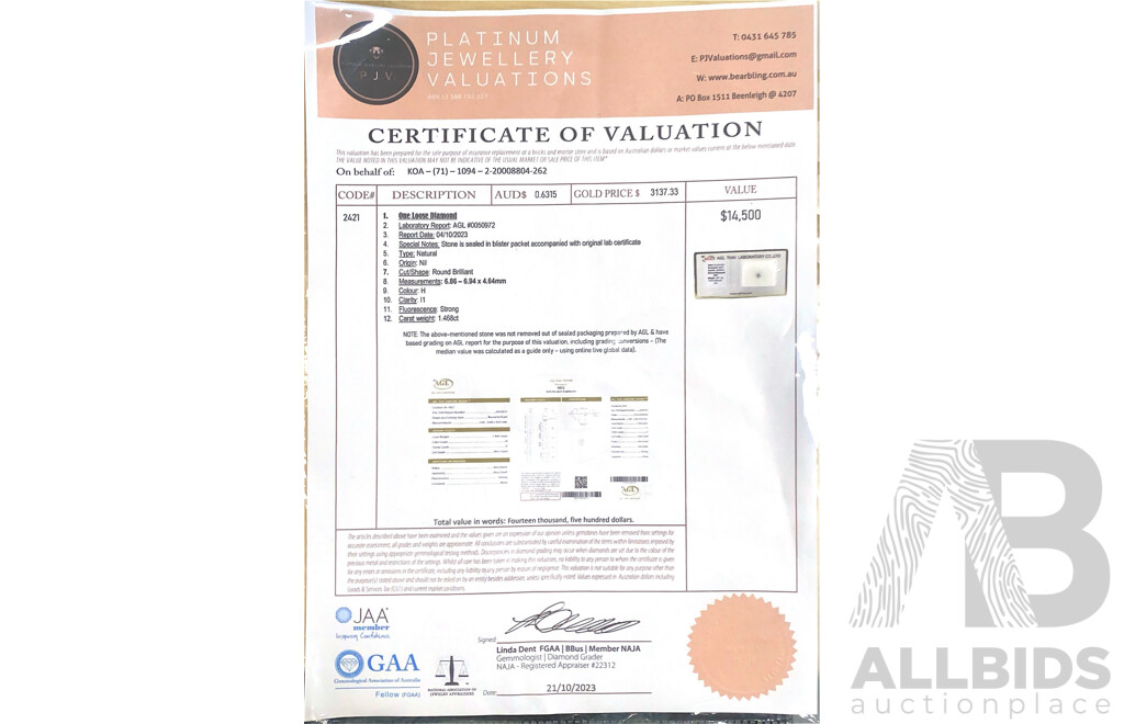 1.468ct Diamond (natural) Unset Gemstone, H/I1 with Certificate of Valuation & AGL Diamond Report