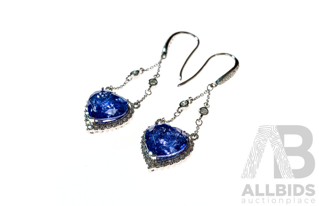 14ct Tanzanite (9.68ct) & Diamond Set Drop Earrings on Shepherds Hooks, TDW 0.71ct, 48mm, 7.20 Grams