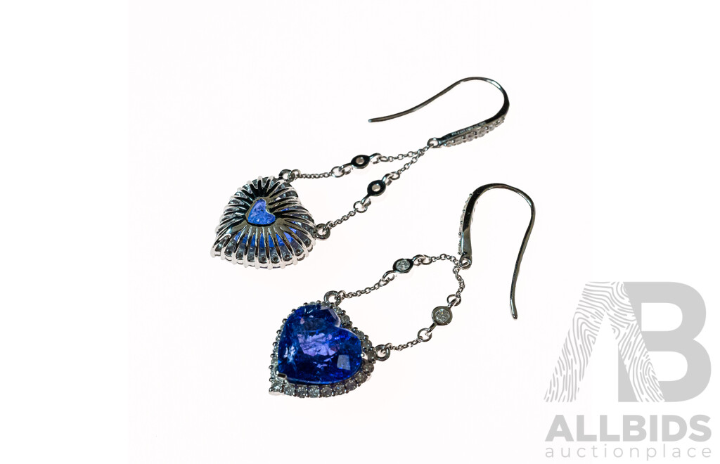 14ct Tanzanite (9.68ct) & Diamond Set Drop Earrings on Shepherds Hooks, TDW 0.71ct, 48mm, 7.20 Grams