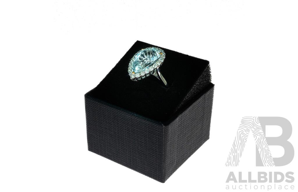 Platinum 9.09ct Aquamarine & Diamond Halo Cocktail Ring, TDW 0.96ct, Size O, 9.52 Grams