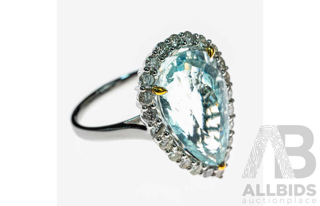 Platinum 9.09ct Aquamarine & Diamond Halo Cocktail Ring, TDW 0.96ct, Size O, 9.52 Grams