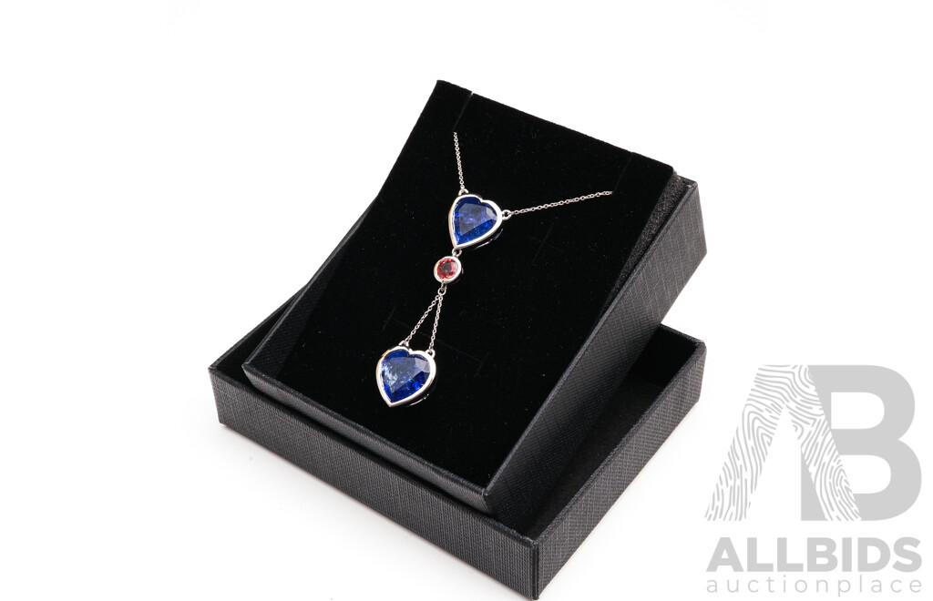 14ct White Gold 12.25ct Tanzanite & Orange Sapphire (0.53ct) Drop Pendant on Fixed Trace Chain, 55cm, 8.42 Grams