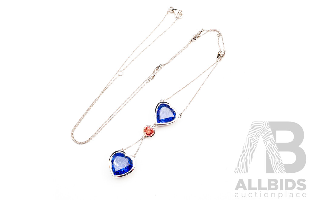 14ct White Gold 12.25ct Tanzanite & Orange Sapphire (0.53ct) Drop Pendant on Fixed Trace Chain, 55cm, 8.42 Grams