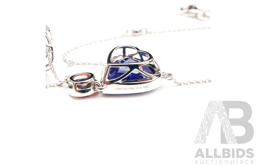 14ct White Gold 12.25ct Tanzanite & Orange Sapphire (0.53ct) Drop Pendant on Fixed Trace Chain, 55cm, 8.42 Grams