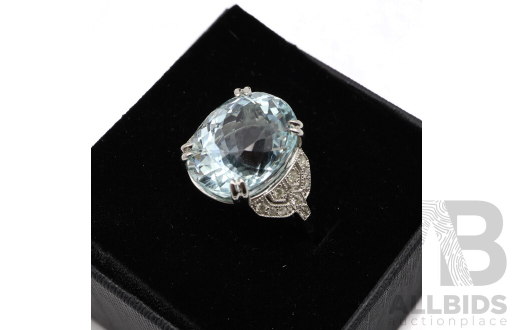 Platinum 12.48ct Aquamarine & Diamond Set Cocktail Ring, TDW 0.24ct, Size O, 10.60 Grams