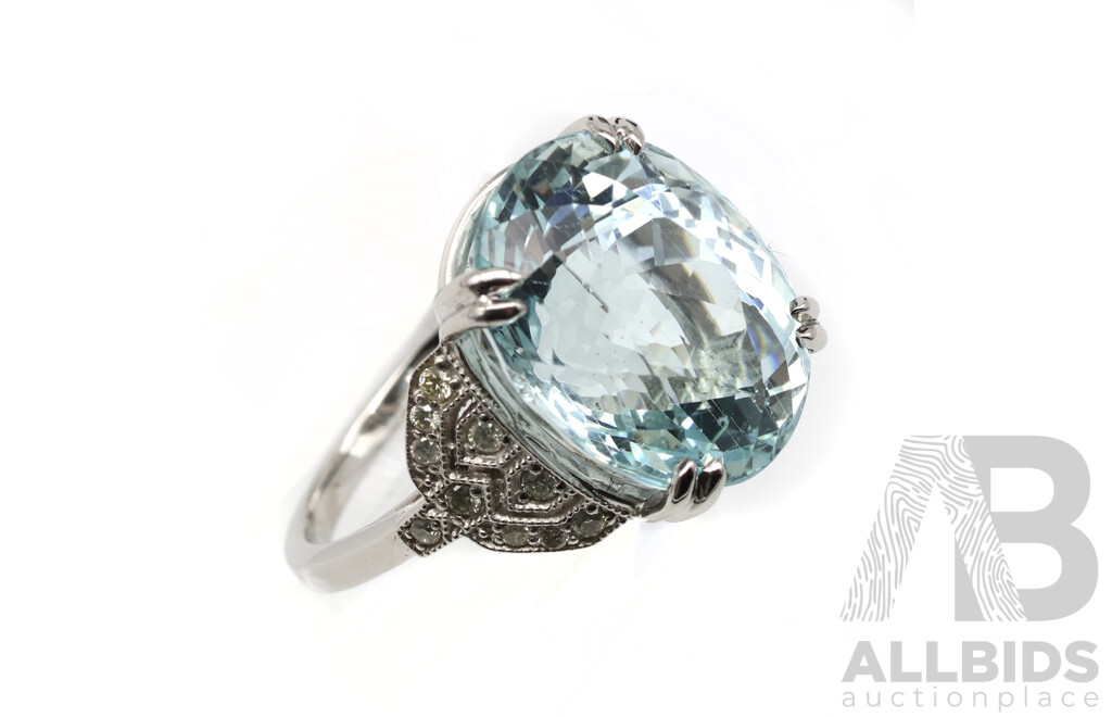 Platinum 12.48ct Aquamarine & Diamond Set Cocktail Ring, TDW 0.24ct, Size O, 10.60 Grams