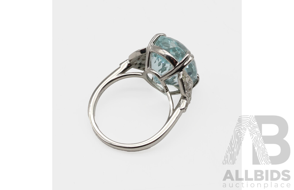 Platinum 12.48ct Aquamarine & Diamond Set Cocktail Ring, TDW 0.24ct, Size O, 10.60 Grams