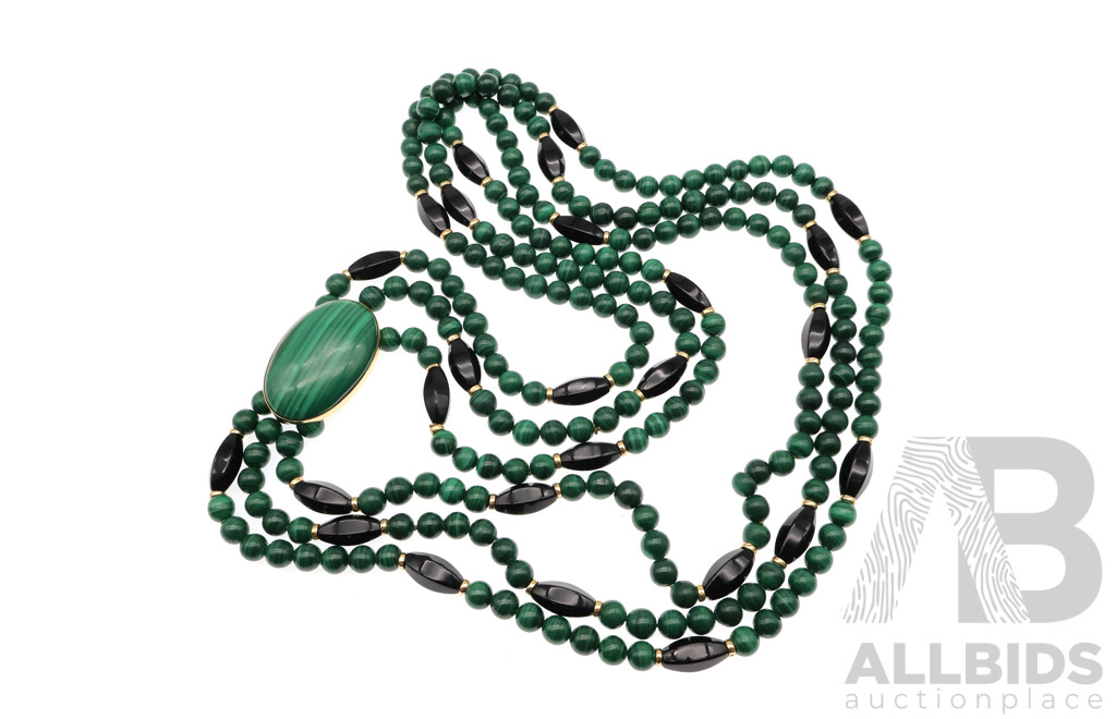 14ct Malachite & Onyx Bead Triple Strand Necklace, 65-72cm in Length