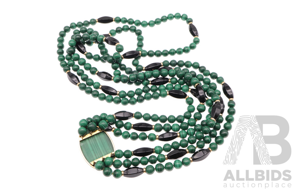 14ct Malachite & Onyx Bead Triple Strand Necklace, 65-72cm in Length