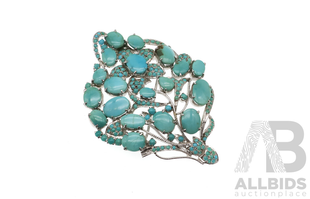 Vintage Silver Turquoise Cabochon Brooch, 80mm X 55mm