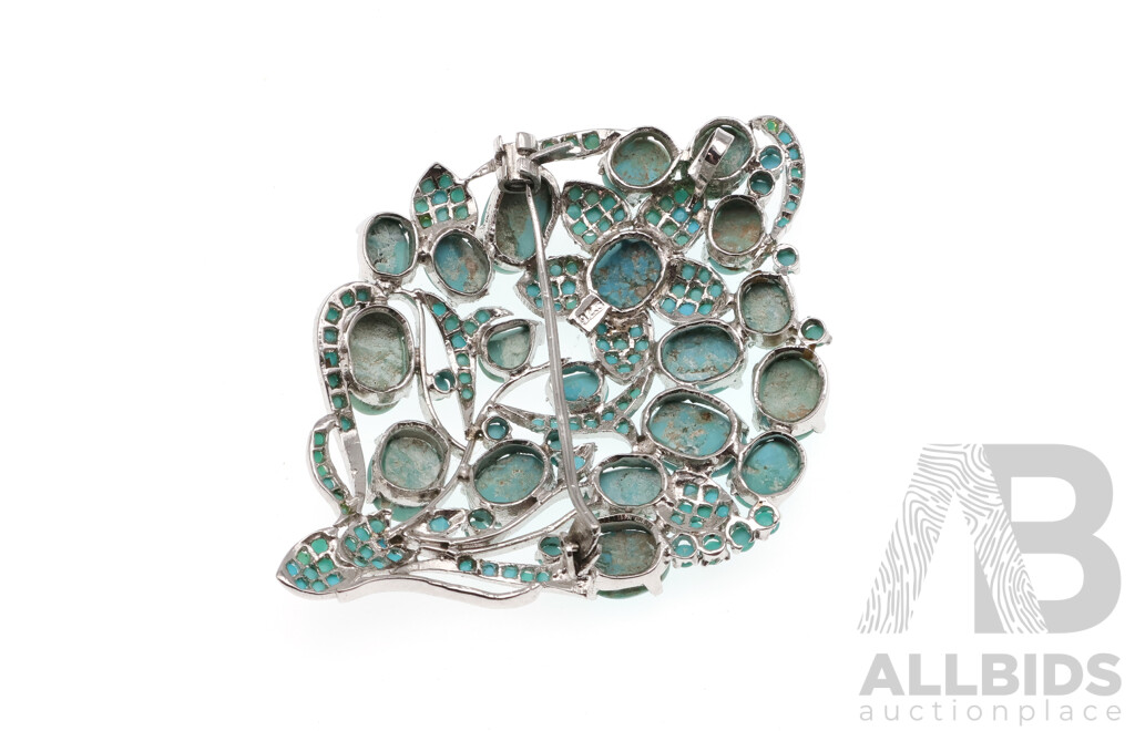 Vintage Silver Turquoise Cabochon Brooch, 80mm X 55mm