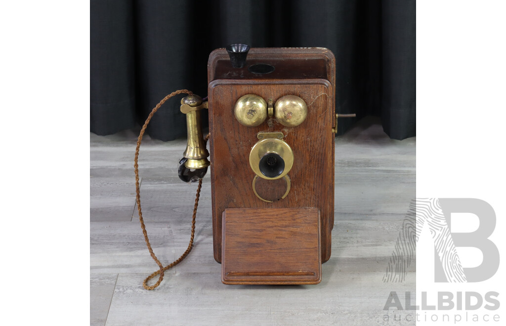 Vintage Oak Case Wall Rotary Phone