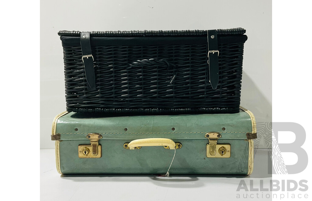 Pair of Luggage Bags Including Black Wicker Carry Case and Vintage Vinyl Wrapped Green Suitcase