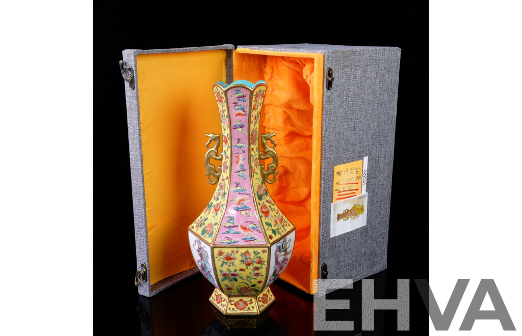 Large Chinese Hand Decorated Twin Anthropomorphic Handled Hexagonal Porcelain Vase in Presentation Box