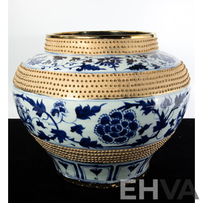 Large Chinese Hand Decorated  Porcelain Vase with Blue and White Themed Decoration Interspersed with Gold Textured Bands, in Presentation Box