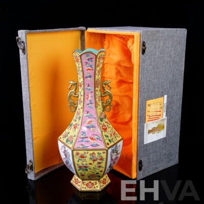 Large Chinese Hand Decorated Twin Anthropomorphic Handled Hexagonal Porcelain Vase in Presentation Box