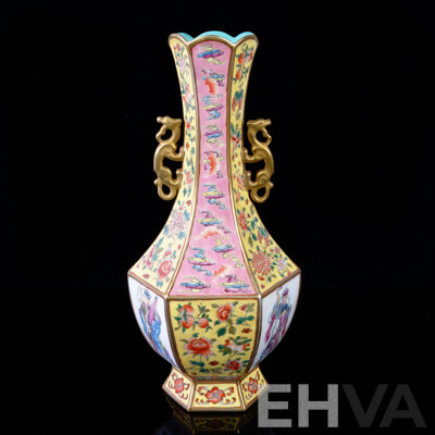 Large Chinese Hand Decorated Twin Anthropomorphic Handled Hexagonal Porcelain Vase in Presentation Box