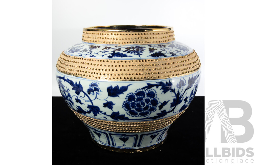 Large Chinese Hand Decorated  Porcelain Vase with Blue and White Themed Decoration Interspersed with Gold Textured Bands, in Presentation Box