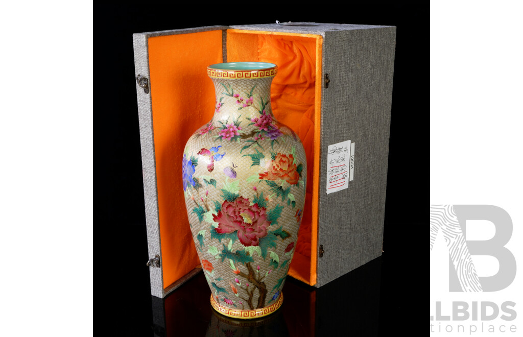 Large Chinese Hand Decorated Porcelain Baluster Vase with Gold & Floral Decoration, in Presentation Box