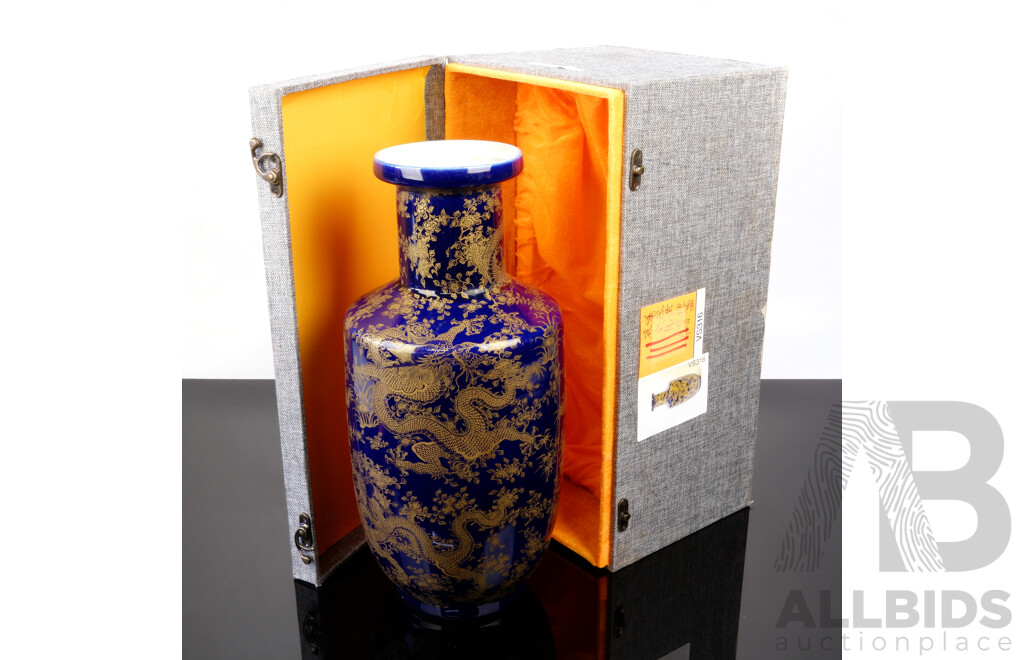 Large Chinese Hand Decorated Porcelain Vase with Gold Five Claw Dragons on Blue Ground in Presentation Box